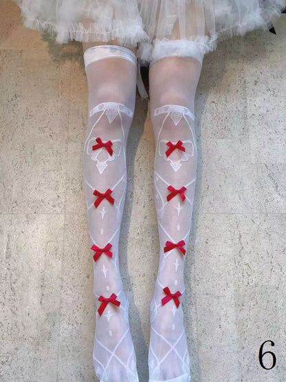 11 Options White/Black Sweet Lolita Overknee Stockings With Black/White/Pink/Blue/Red Bowknot Details