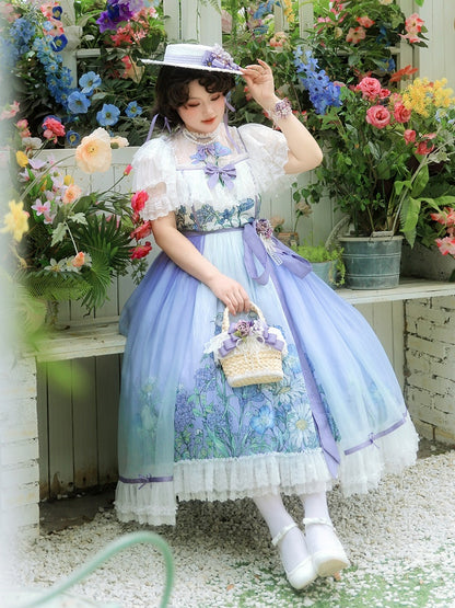 Plus Sizes Available Floral Applique Illusion Neckline Elegant Classic Lolita Floral Print Dress