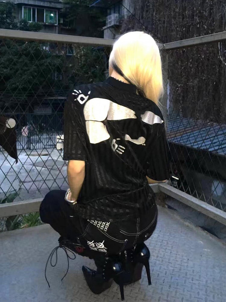 Y2K Black Stripes Polo T-Shirt with Gothic Print