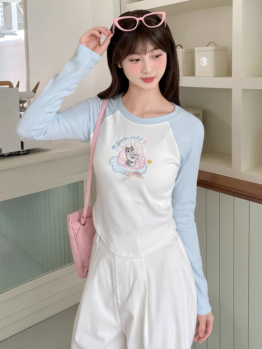 Cartoon Kitty Embroidery Blue and White Colorblock Design Top