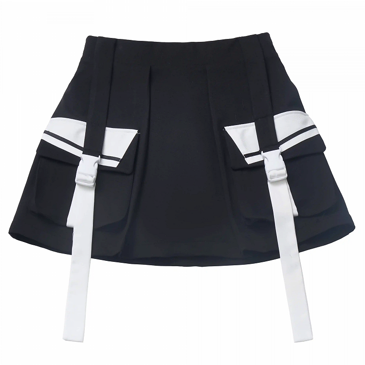 Wasteland Punk Black Snap Details Techwear Skirt