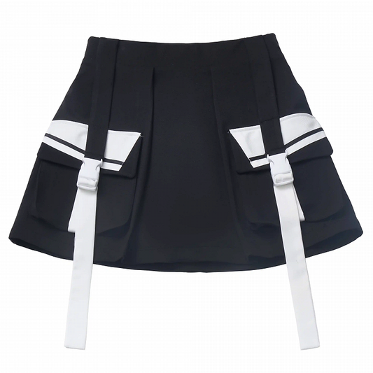 Wasteland Punk Black Snap Details Techwear Skirt