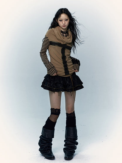 Black&Brown/Red&Black Striped Sleeves Top with Cross Design