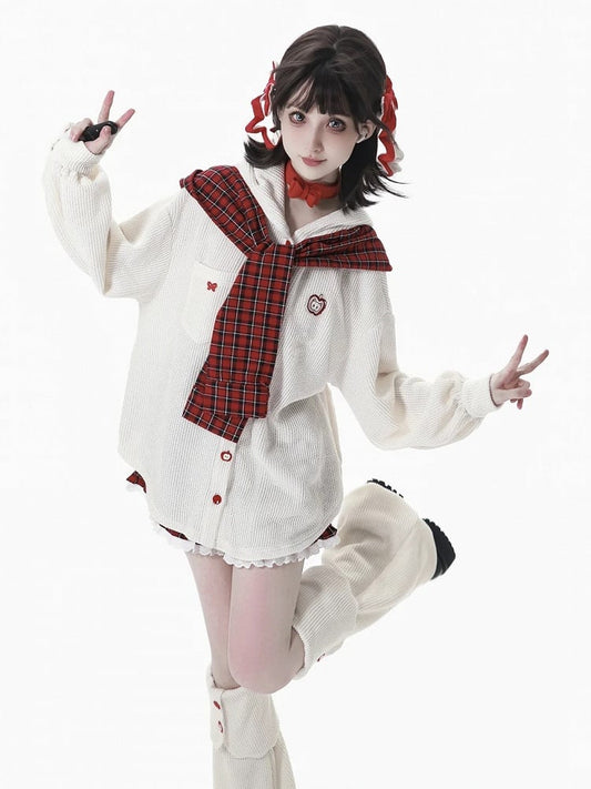 Regular/Thicken White Knit Hoodie with Detachable Red Plaid Hood Scarf