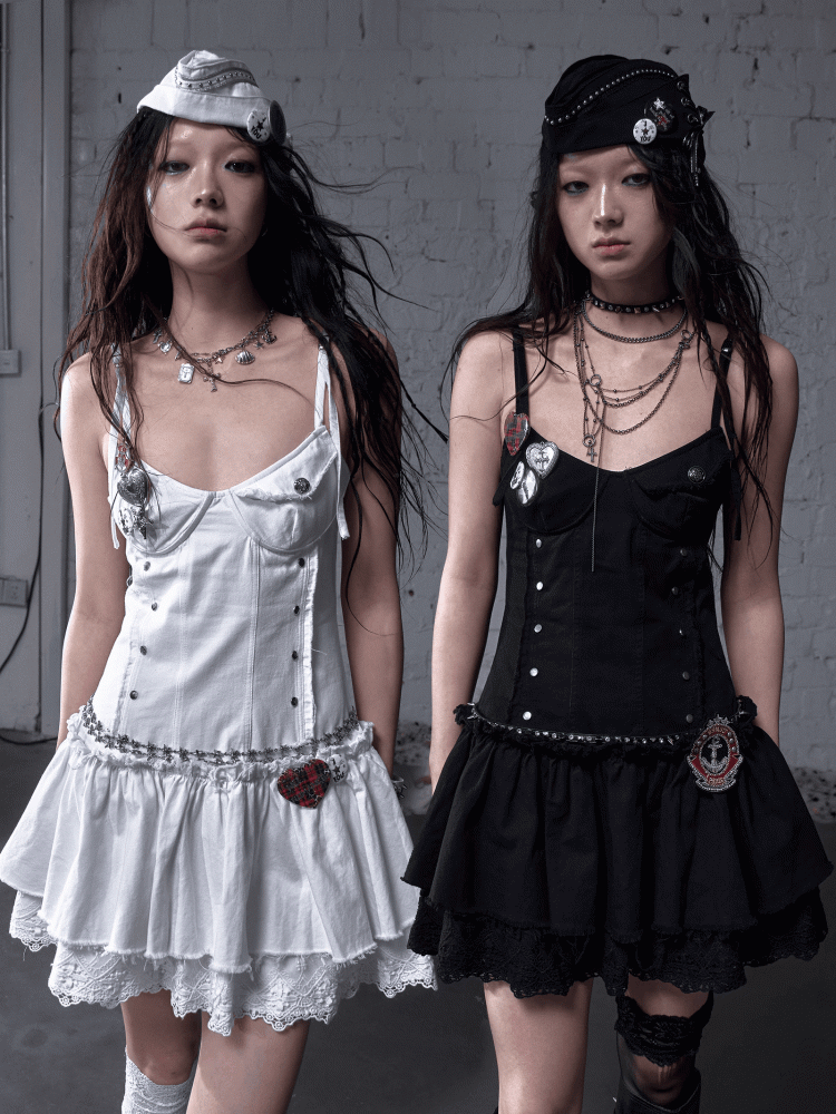 Black/White Dropped Waist Stud Details Raw Hem Punk Cami Dress