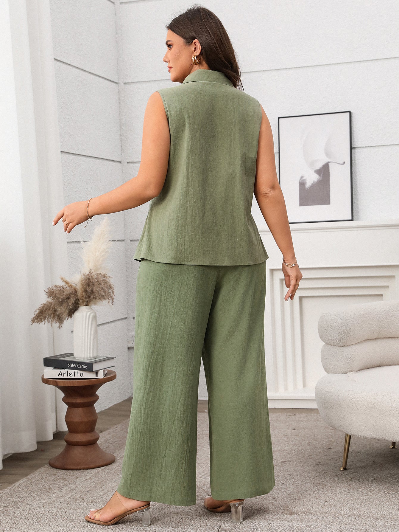 Summer Set Green Sleeveless Vest Wide-Leg Pants Women Outfit