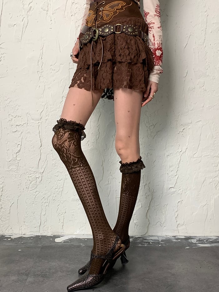 Brown Wasteland Punk Ruffled Cuff Stockings