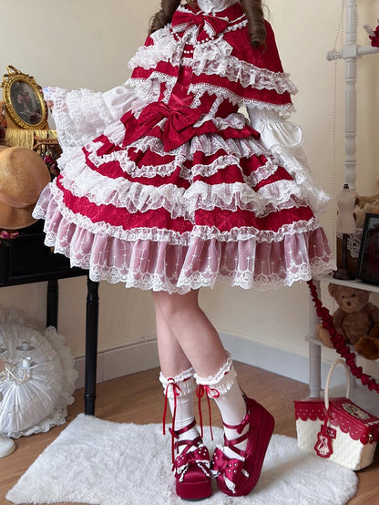 White Lace Trims Red Bows Decorated Hanayome Dress Lolita Jumper Skirt