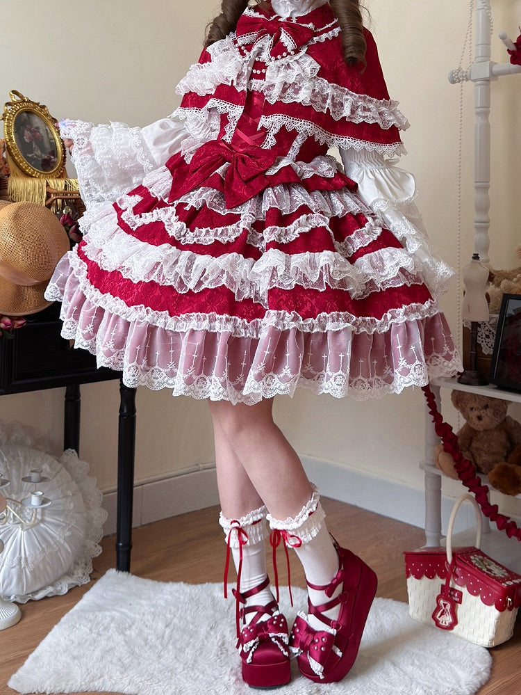 White Lace Trims Red Bows Decorated Hanayome Dress Lolita Jumper Skirt