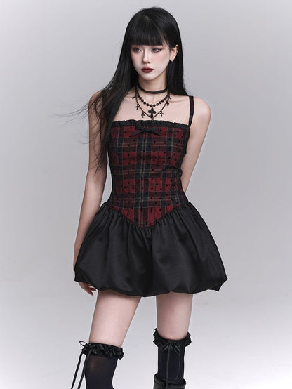 Red Plaid Basque Waist Mini Bubble Skirt Cami Dress
