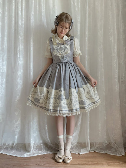 Gray Titmouse and Floral Print Lolita Jumper Skirt