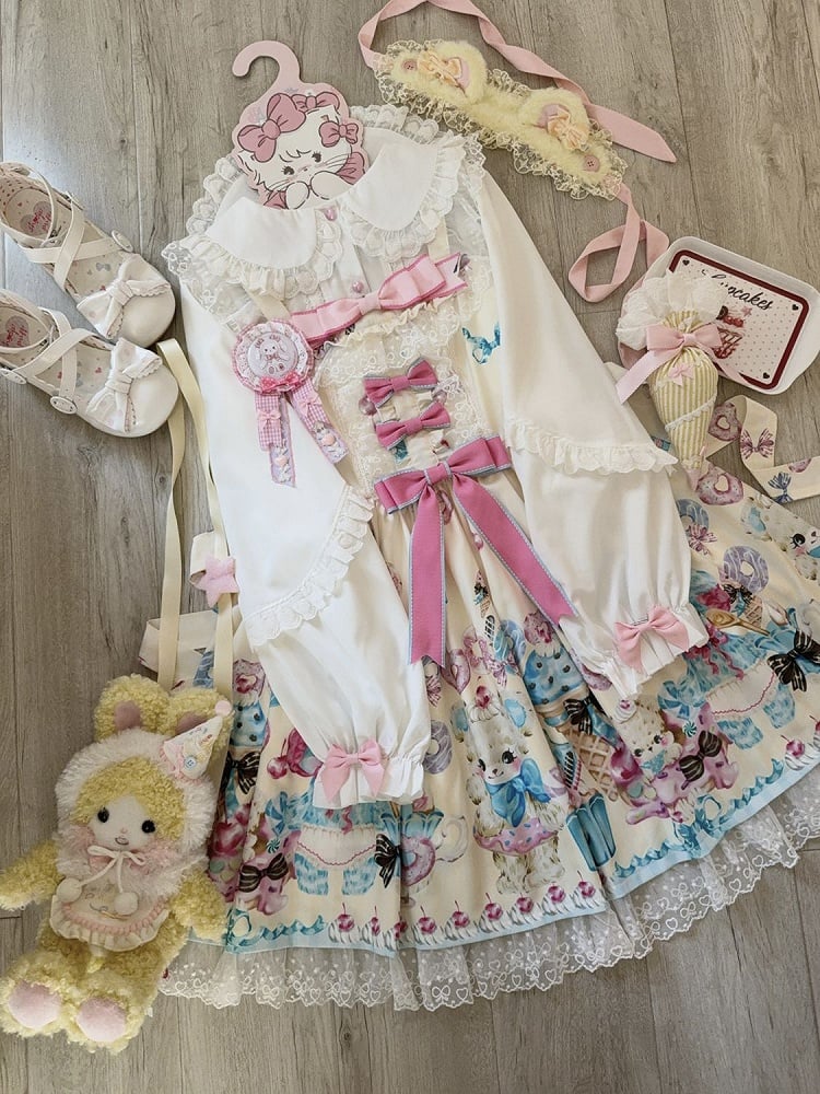 Teddy and Ice Cream Print Yellow Sweet Lolita Jumper Skirt
