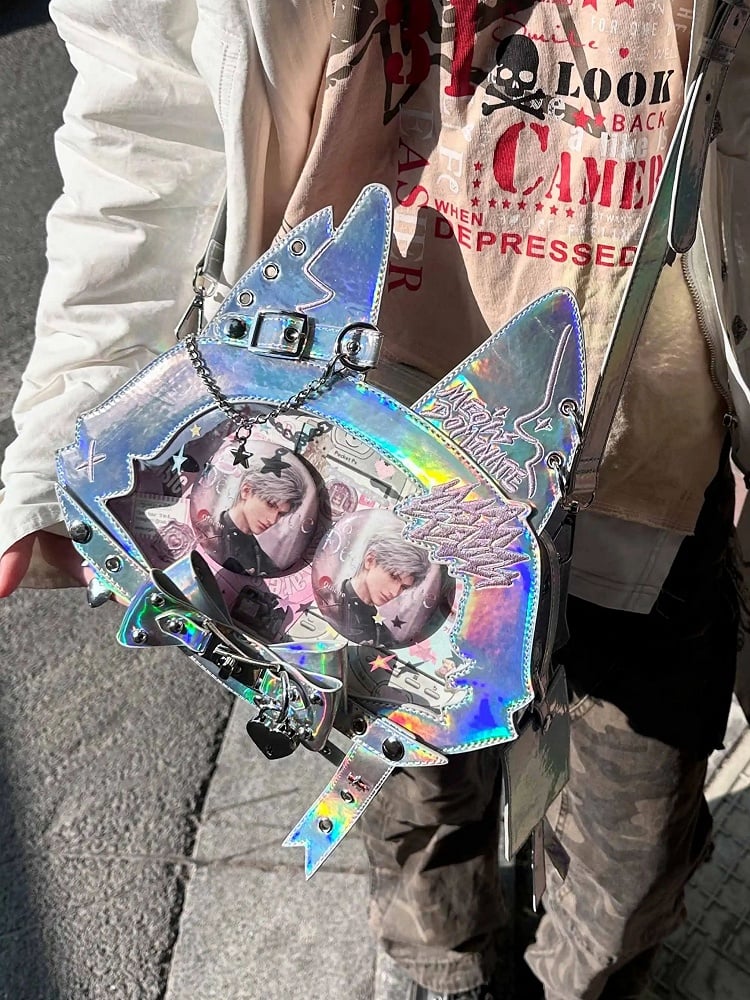 Kitty Ear Design Bowknot Studs Detail Holographic Color PU Tote Ita Bag with Free Card Holder