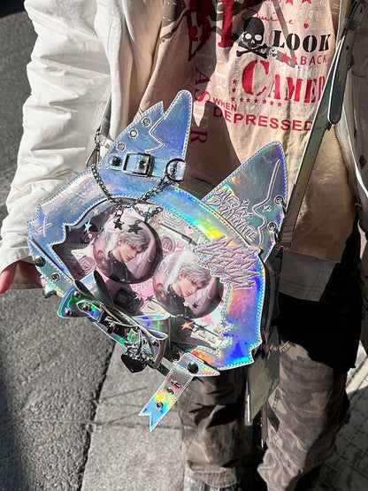 Kitty Ear Design Bowknot Studs Detail Holographic Color PU Tote Ita Bag with Free Card Holder