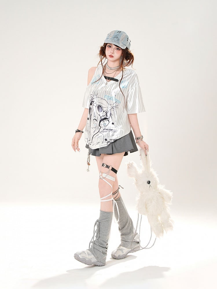 Anime Girl Print Cutout Shoulder White Striped Pattern V-neck Satin T-shirt