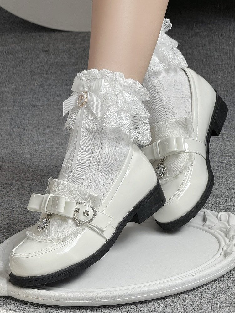 Rhinestone Heart Details & Bow Accent PU Polished White Low-heel Loafers in Jirai Kei