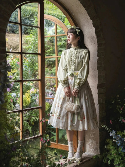 White Elegant Classic Lolita Skirt with Hawthorn and Bird Print and Green Belt