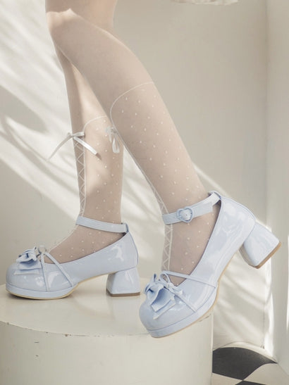 Bow at Top Blue Round Toe Sweet Mary Janes Ankle Strap