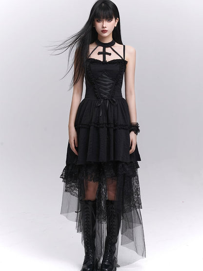 Gothic Black Lace-up Front Basque Waist Cross Halter Dress