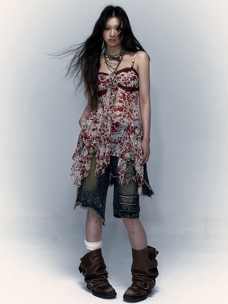 Detachable Flower Decorated White and Red Asymmetrical Hem Cami Top