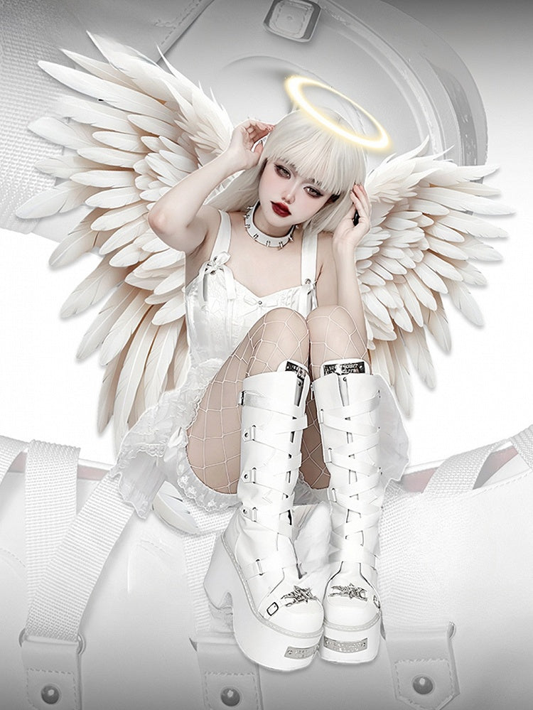 White Crisscross Design Buckle Strap Platform Block Heel Boots