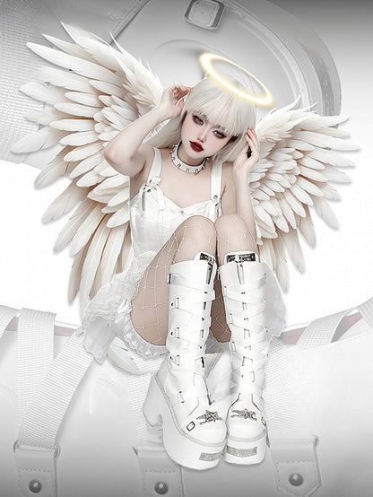 White Crisscross Design Buckle Strap Platform Block Heel Boots