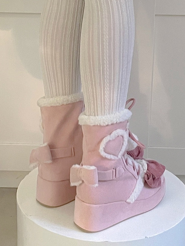 6cm/8.5cm Platform Pink Sweet Style Winter Boots with Heart Patches & Bow Accents