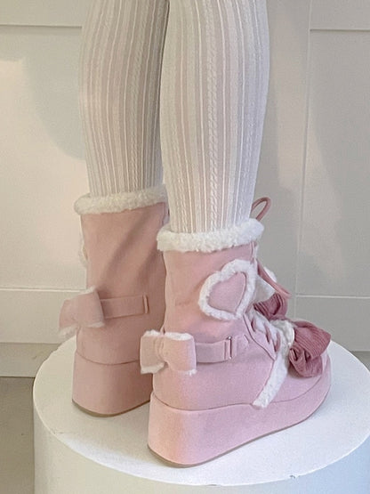 6cm/8.5cm Platform Pink Sweet Style Winter Boots with Heart Patches & Bow Accents