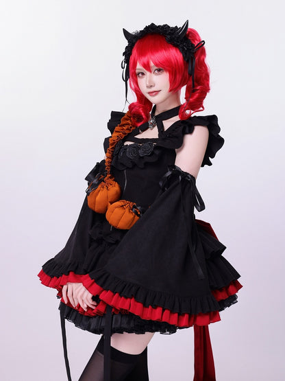 Fan Art Fashion Miss Devil Black Dress with Pumpkins Crossbody Full Set