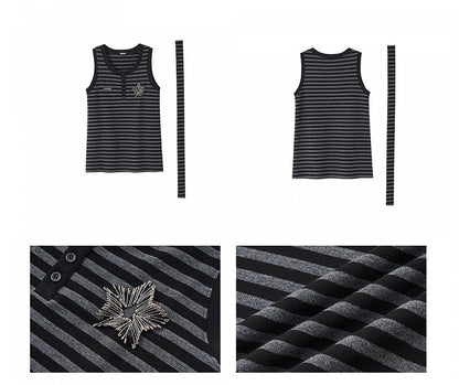 Punk Pins Star Black and Gray Striped Loose Tank Top with Scarf