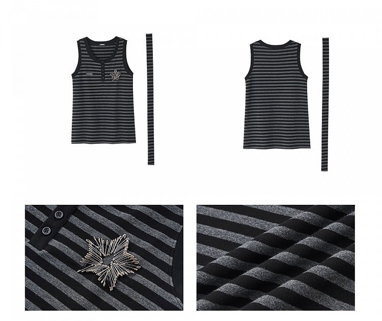 Punk Pins Star Black and Gray Striped Loose Tank Top with Scarf