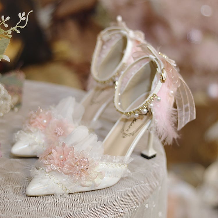 White & Pink Floral Design Feather Decorated 8CM Hime Lolita High Heels