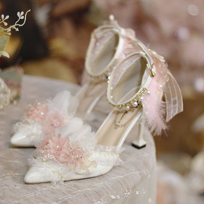 White & Pink Floral Design Feather Decorated 8CM Hime Lolita High Heels