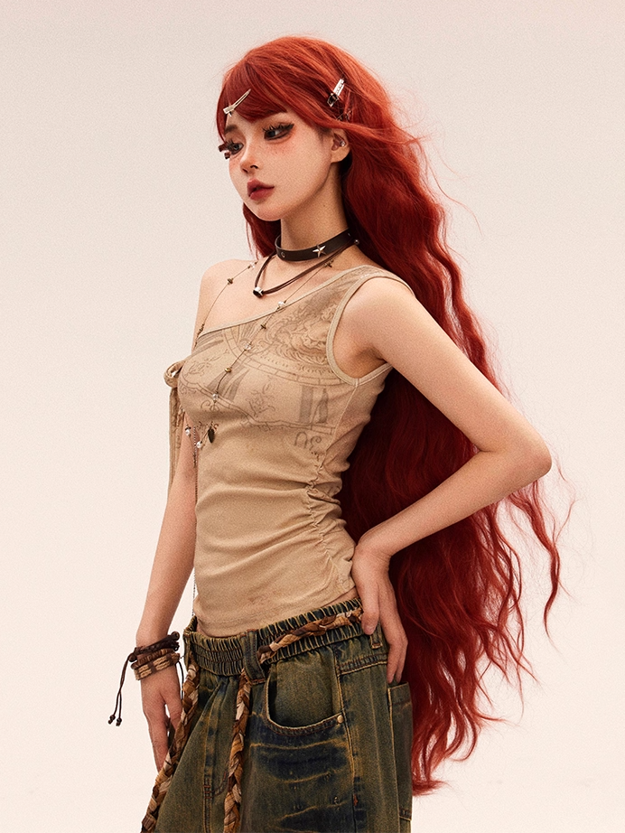 Vintage Graffiti Print Apricot Wasteland Punk Asymmetrical Neckline Top