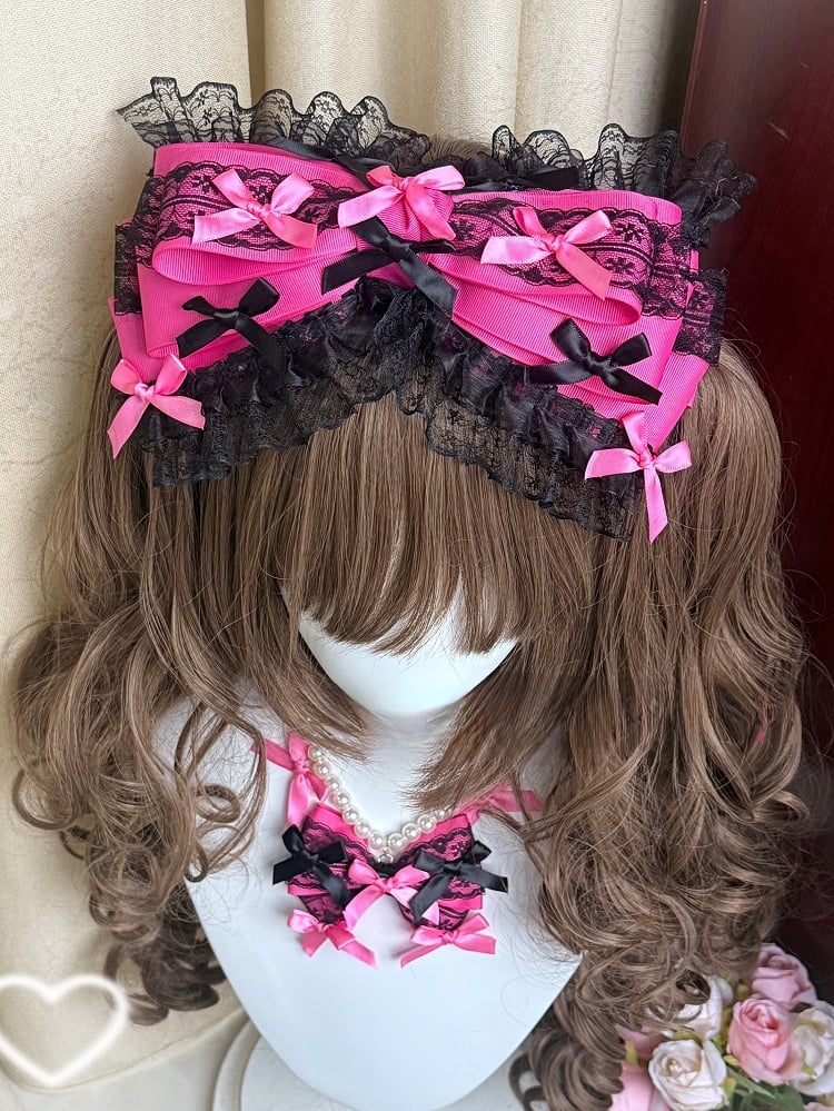 Rose Red Lace Trim Bowknot Hairclip + Bowknot Details Beaded Necklace