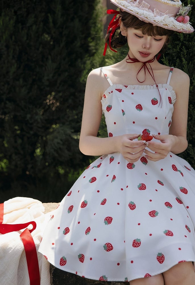 Summer Strawberry and Polka Dots Print Sun Dress White Sweet Lolita JSK