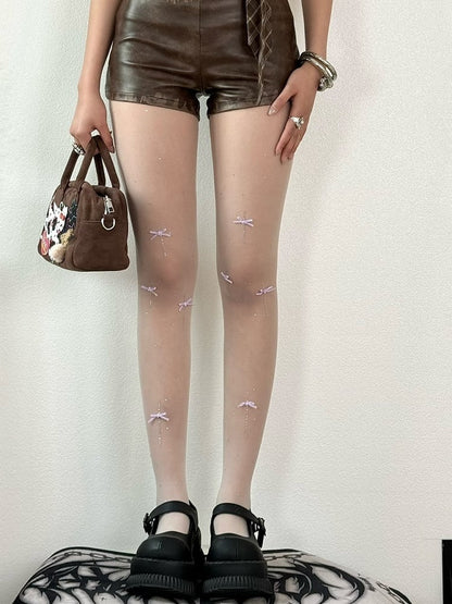 White/Purple/Pink Bowknot Details Rhinestone Decorated Tights