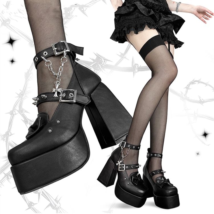 Spike Studs Matte Black Platform Block High Heels Punk Goth Shoes