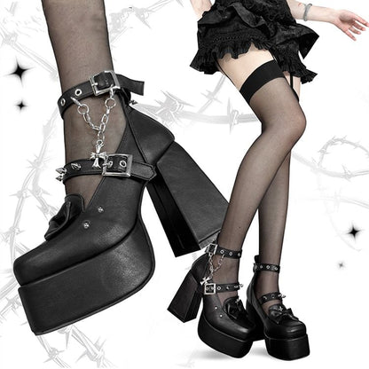 Spike Studs Matte Black Platform Block High Heels Punk Goth Shoes