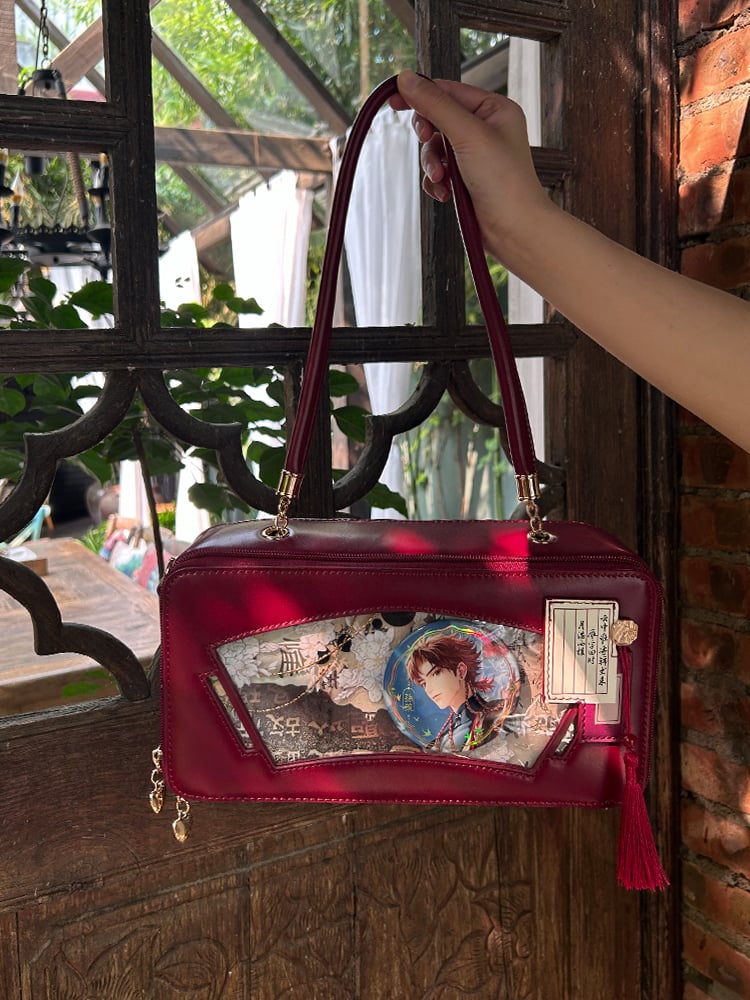 Red Embroidered Bamboo Leaf Cheongsam Style Ita Shoulder Bag with Fringe Charm