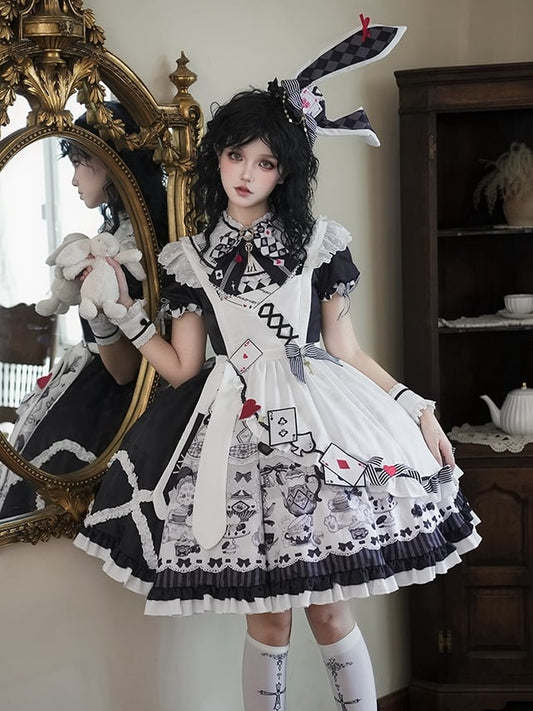 Alice in Wonderland Vibes Black and White Bunny and Teapot Print Apron Dress Sweet Lolita OP / Full Set