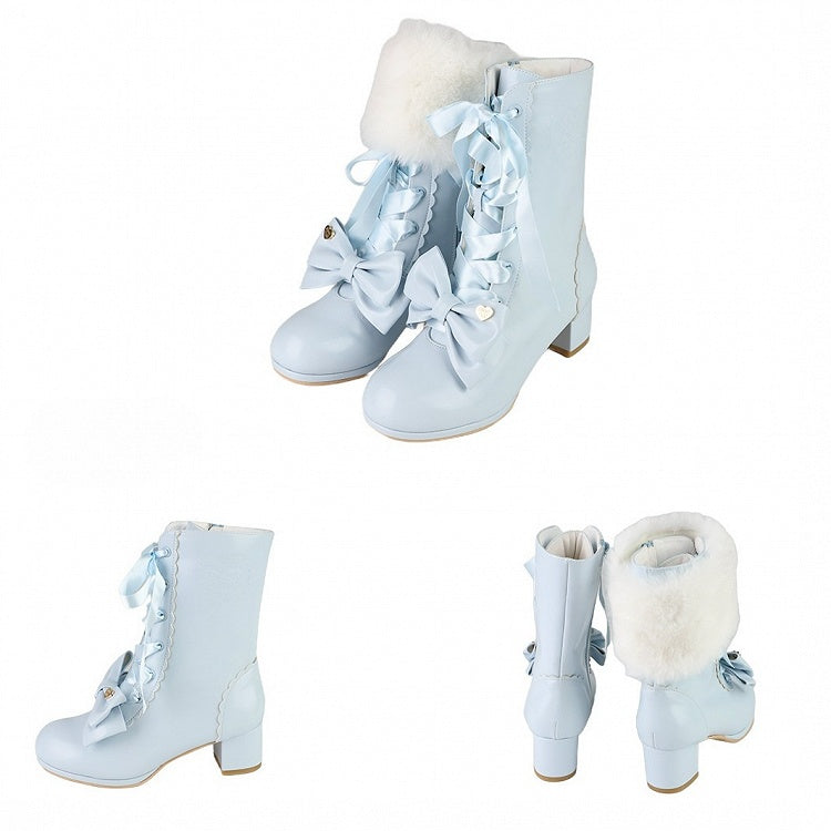 Mid-heel Sweet Blue Lolita Boots with Bow-shaped Shoe Clips & Detachable Plush Cuff
