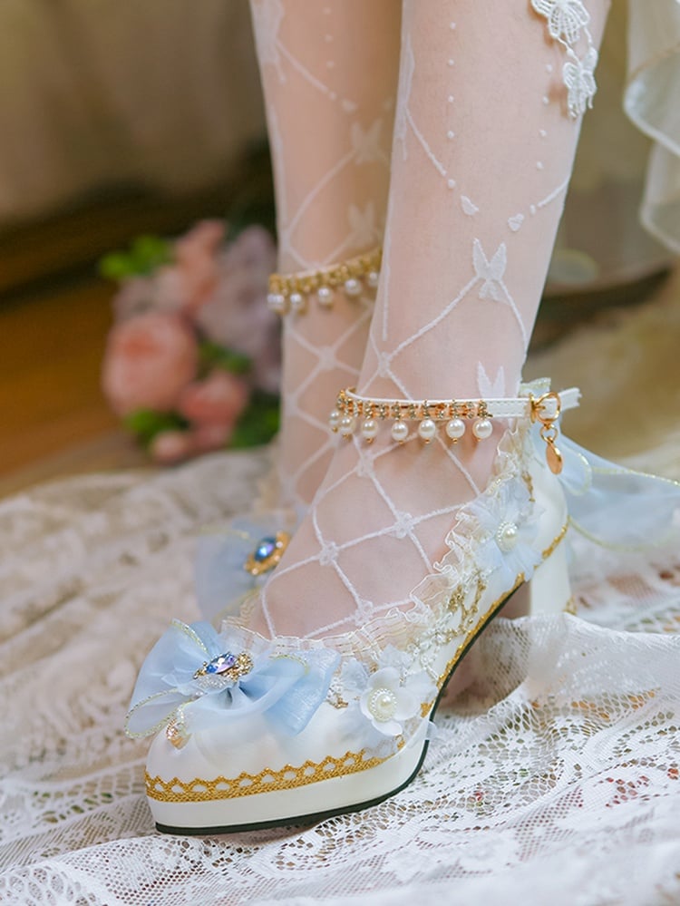 White & Blue Floral and Bow Accent 5CM/6CM/8CM Hime Lolita Block Heels
