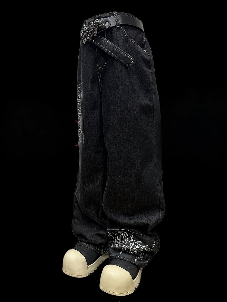 Dark Blue Letter Applique Straight-leg Cut Jeans