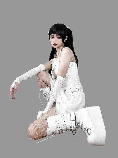 Studs Chains Metal Punk Matte White Platform Boots