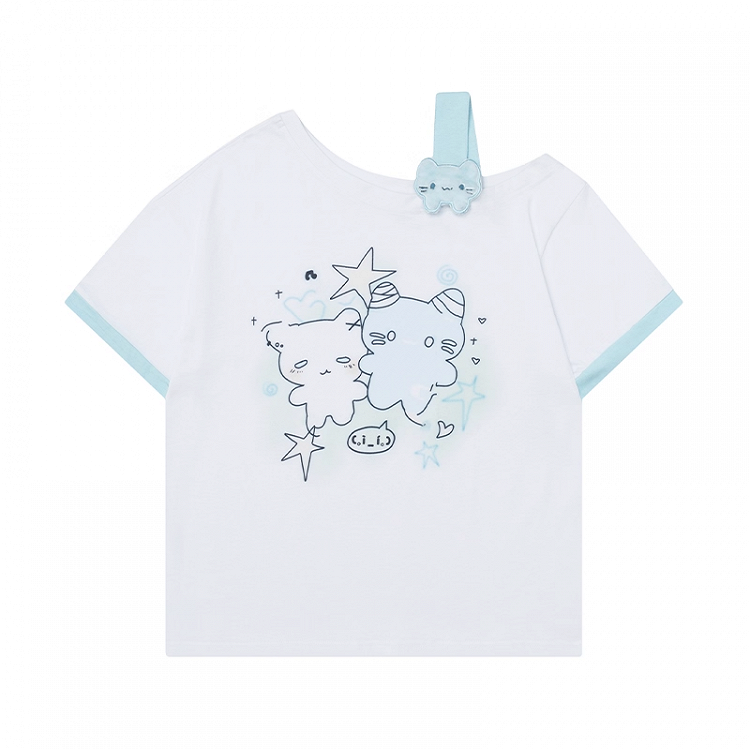 Cartoon Kitty Print Pink/Blue/Black Asymmetrical Neckline T-shirt