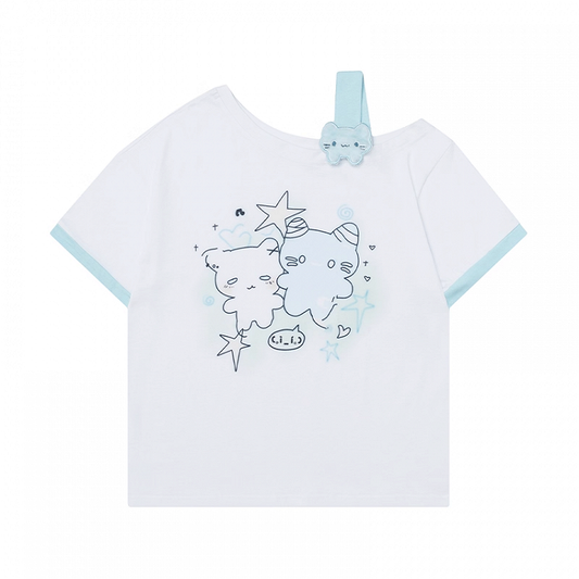 Cartoon Kitty Print Pink/Blue/Black Asymmetrical Neckline T-shirt