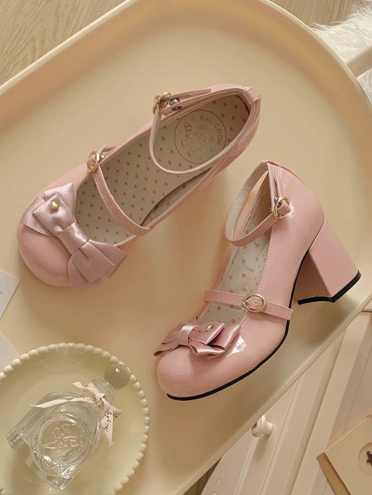 PU Pink Elegant Lolita Mary Janes - High Block Heel & Heart-Adorned Bow