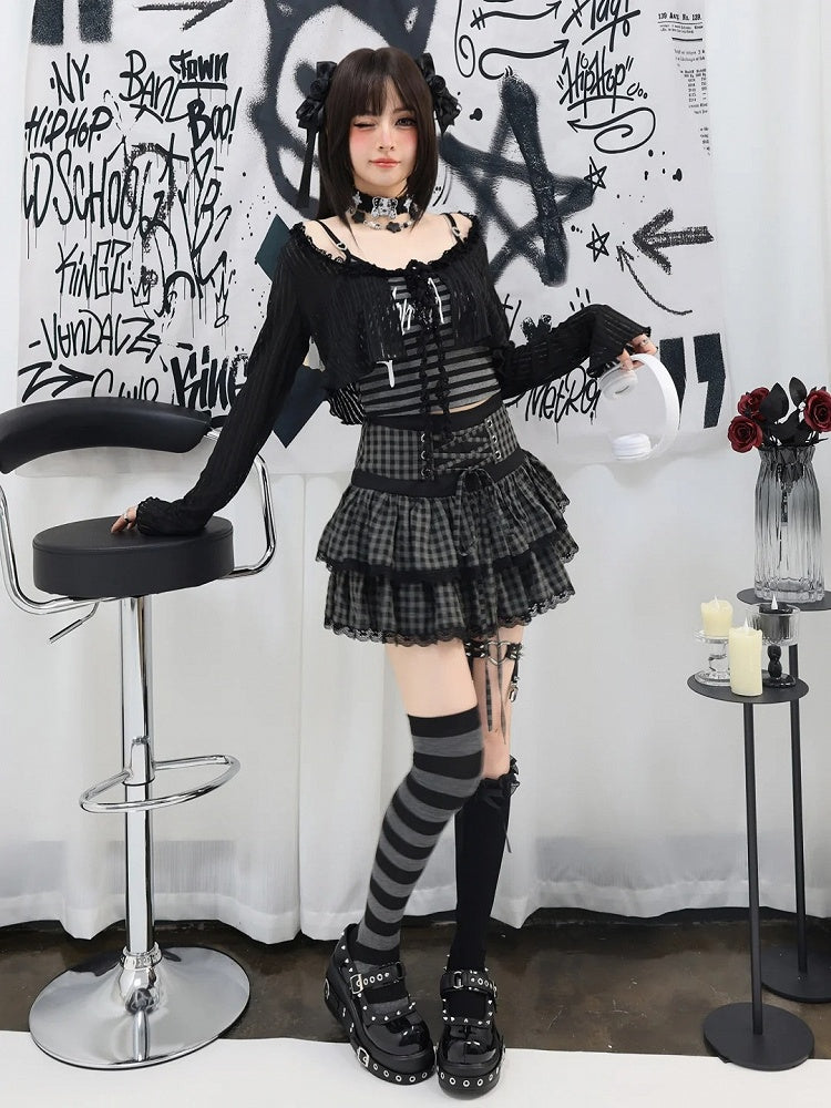 Black and Gray Plaid Lace-up Waist Tiered Skirt
