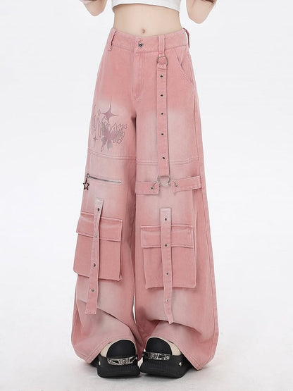 Pink Butterfly Print Strap Details Vintage Wide-Leg Cargo Jeans